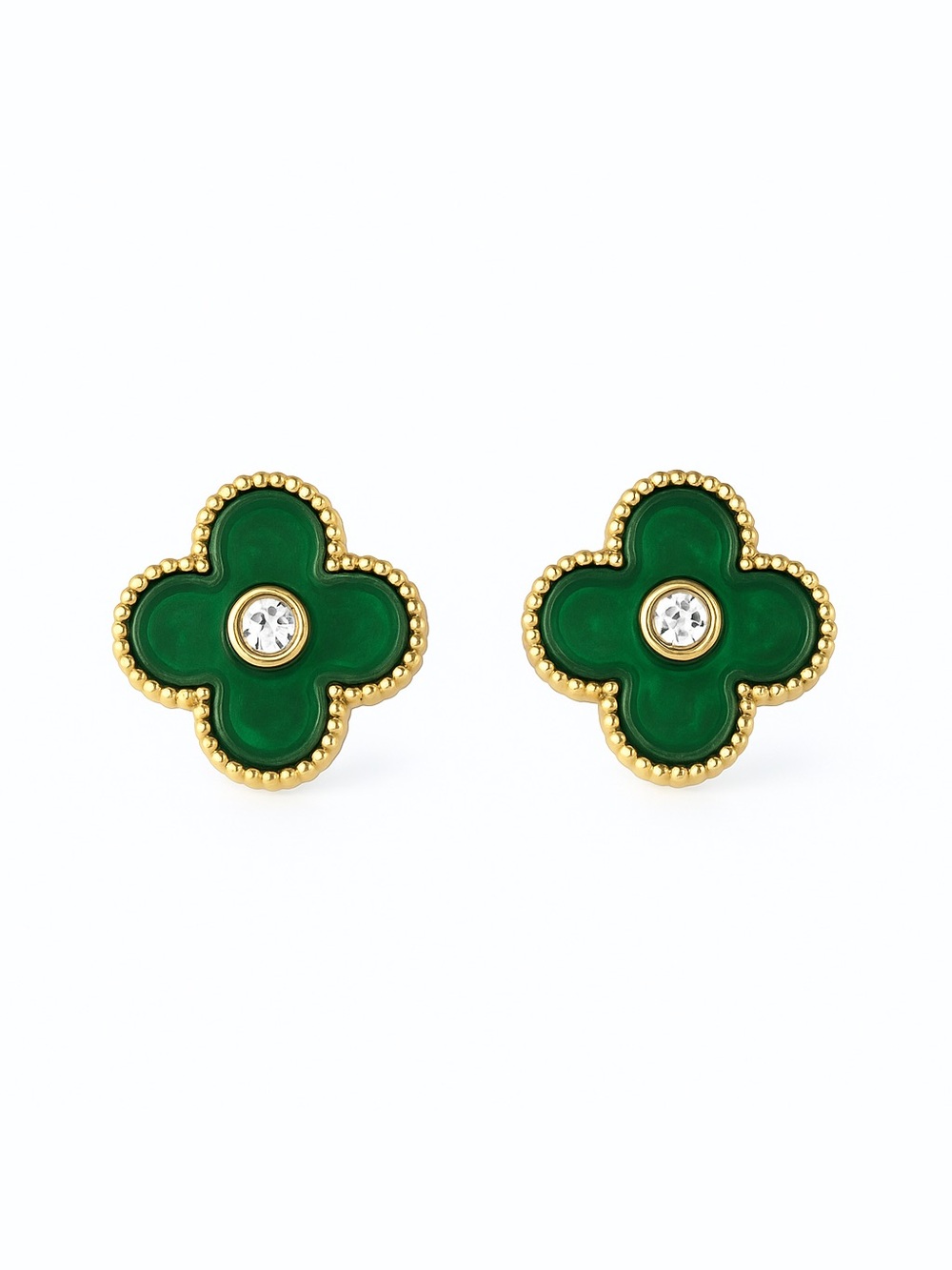 Gold and Green Clover Stud Earrings